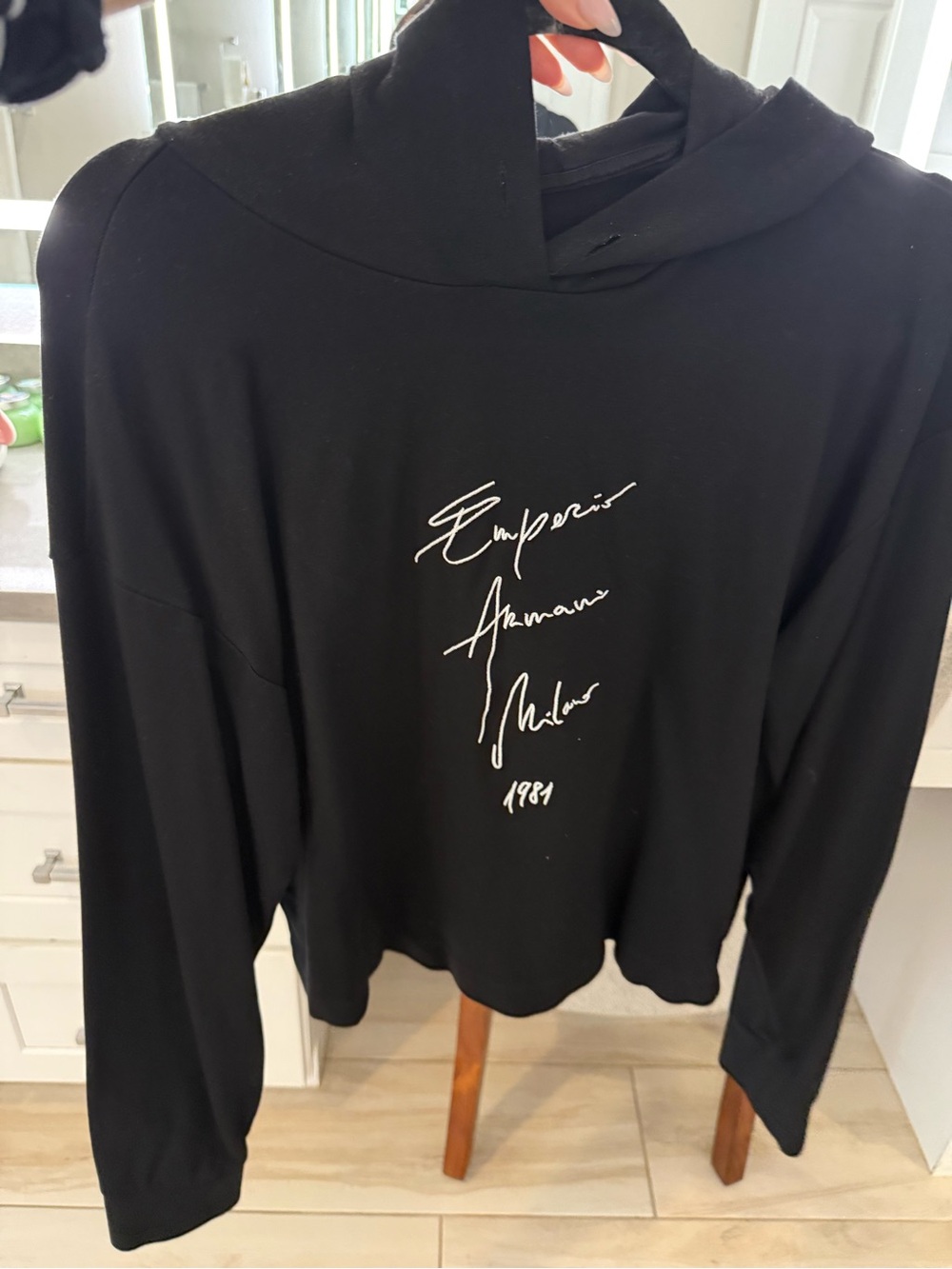 Emporio Armani Black Crewneck Hoodie with White Script Logo